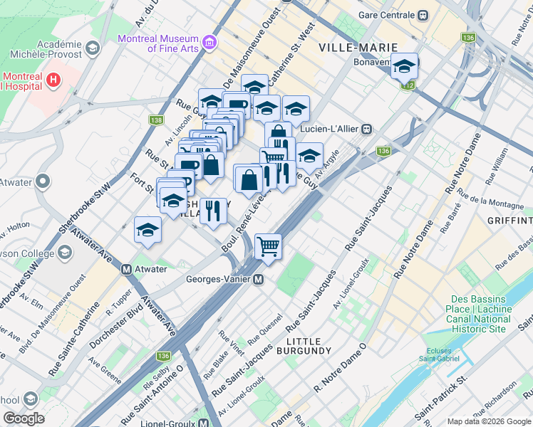 map of restaurants, bars, coffee shops, grocery stores, and more near 1070 Rue Saint Mathieu in Montréal