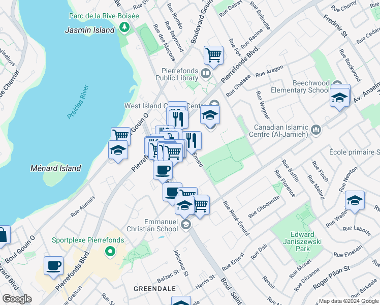 map of restaurants, bars, coffee shops, grocery stores, and more near 4700 Rue René-Émard in Montréal