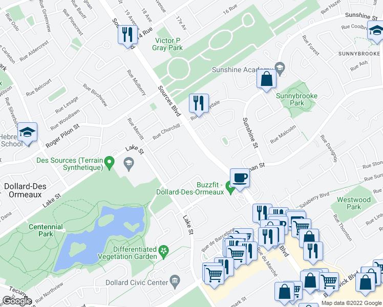 map of restaurants, bars, coffee shops, grocery stores, and more near 4020 Boulevard des Sources in Dollard-des-Ormeaux