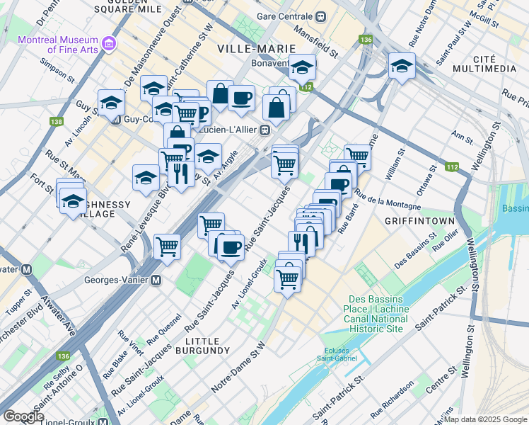 map of restaurants, bars, coffee shops, grocery stores, and more near 1525 Rue Saint-Jacques in Montréal