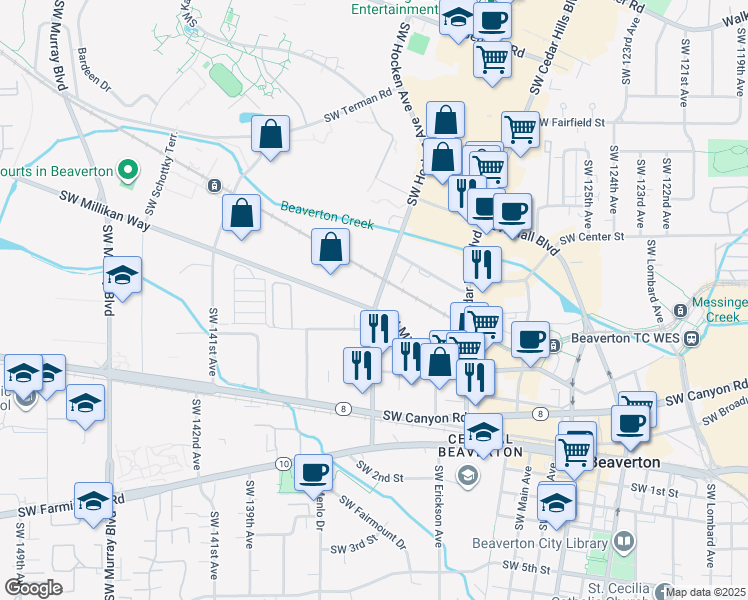 map of restaurants, bars, coffee shops, grocery stores, and more near 13505 Southwest Millikan Way in Beaverton