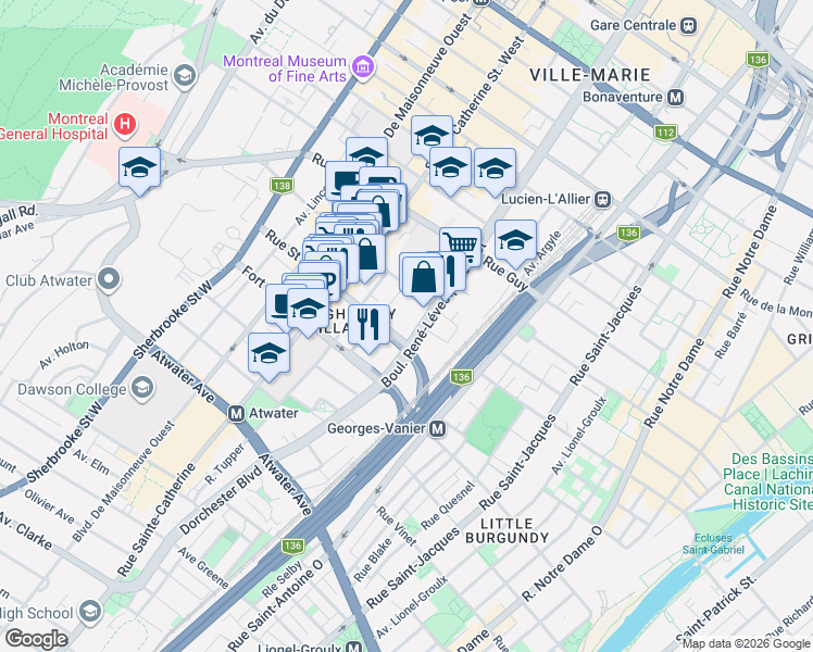 map of restaurants, bars, coffee shops, grocery stores, and more near 1855 René-Lévesque Boulevard West in Montreal