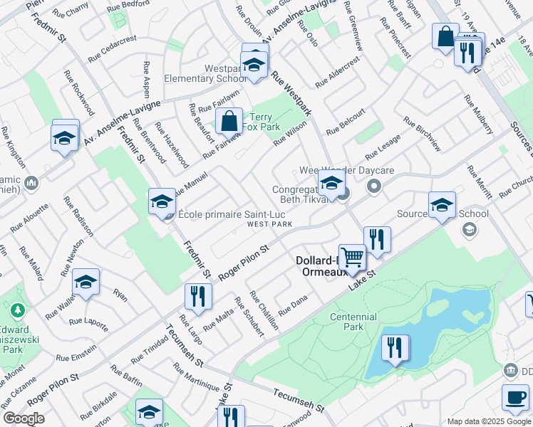 map of restaurants, bars, coffee shops, grocery stores, and more near 105 Rue Manuel in Dollard-des-Ormeaux