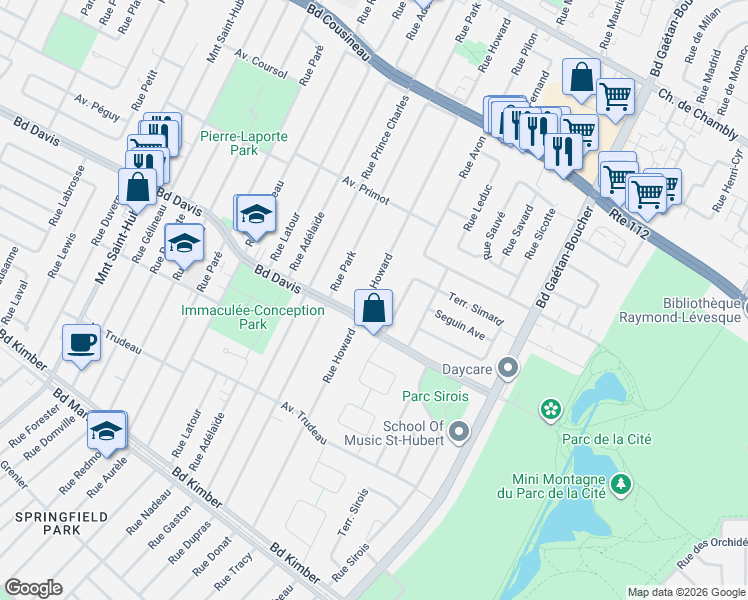 map of restaurants, bars, coffee shops, grocery stores, and more near 3545 Rue Howard in Longueuil