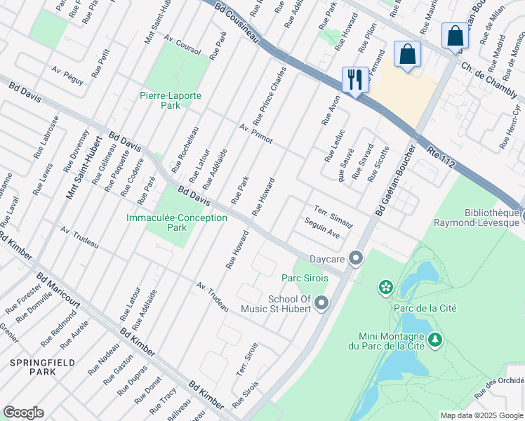 map of restaurants, bars, coffee shops, grocery stores, and more near 3545 Rue Howard in Longueuil