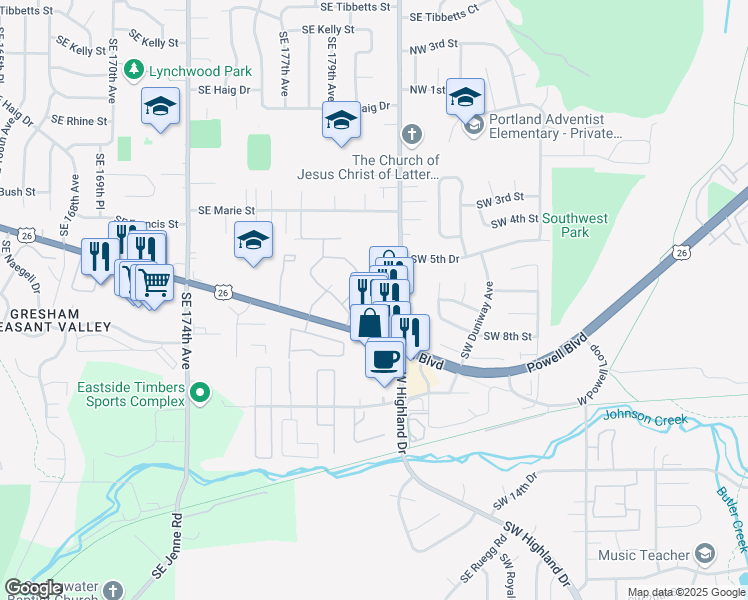 map of restaurants, bars, coffee shops, grocery stores, and more near 4125 Southeast 182nd Avenue in Gresham