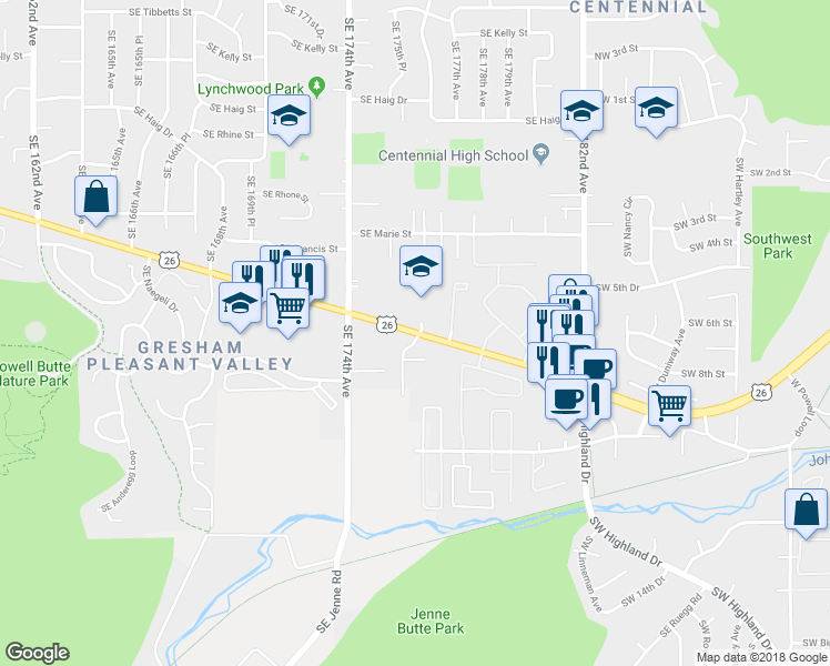 map of restaurants, bars, coffee shops, grocery stores, and more near 17432 Southeast Powell Boulevard in Portland