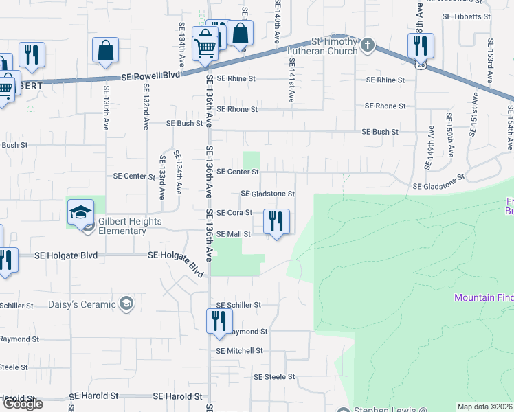 map of restaurants, bars, coffee shops, grocery stores, and more near 13826 Southeast Boise Court in Portland