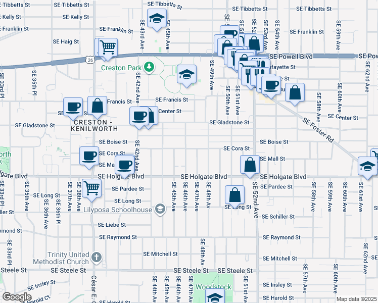 map of restaurants, bars, coffee shops, grocery stores, and more near 4611 Southeast Cora Street in Portland