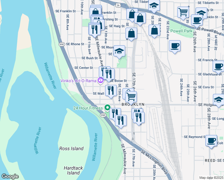 map of restaurants, bars, coffee shops, grocery stores, and more near 4307 Southeast Milwaukie Avenue in Portland
