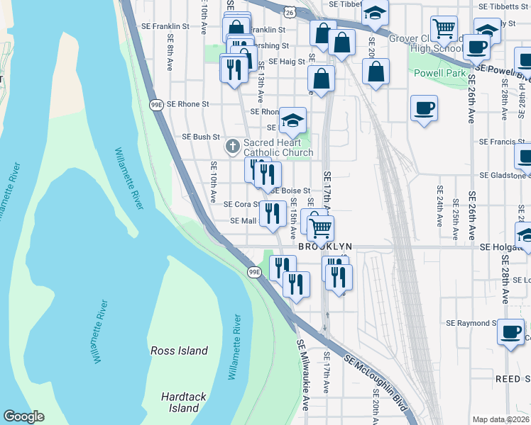 map of restaurants, bars, coffee shops, grocery stores, and more near 4307 Southeast Milwaukie Avenue in Portland