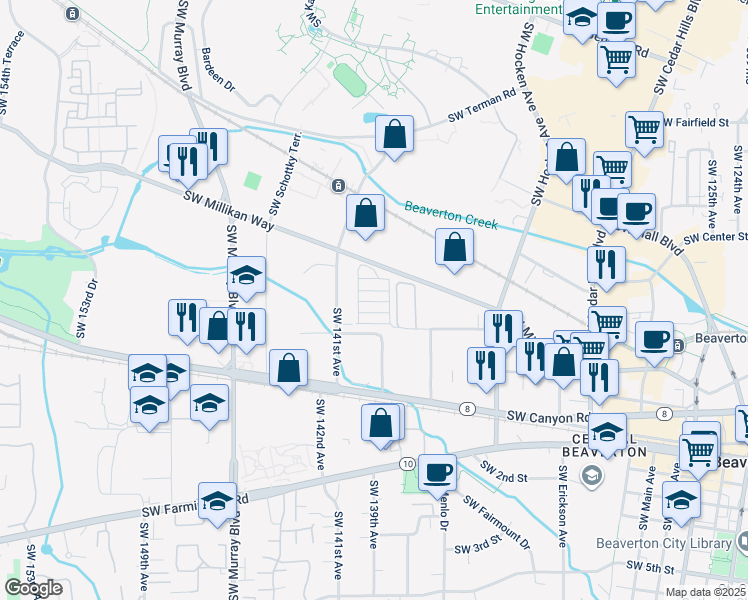 map of restaurants, bars, coffee shops, grocery stores, and more near 505 East Street in Beaverton