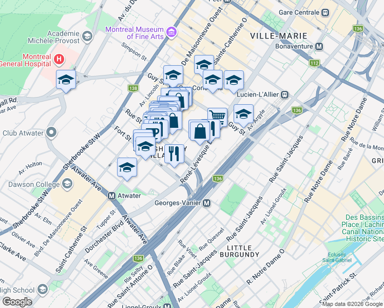 map of restaurants, bars, coffee shops, grocery stores, and more near 1855 Boulevard René-Lévesque Ouest in Montréal