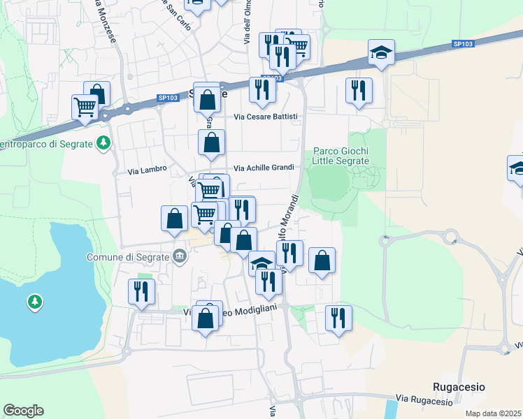 map of restaurants, bars, coffee shops, grocery stores, and more near 22-24 Via Giuseppe Mazzini in Segrate