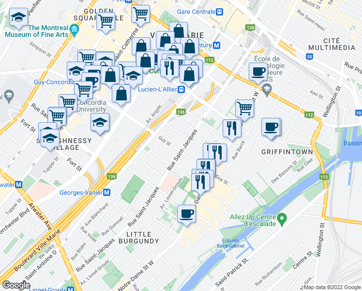 map of restaurants, bars, coffee shops, grocery stores, and more near 1525 Rue Saint-Jacques in Montréal