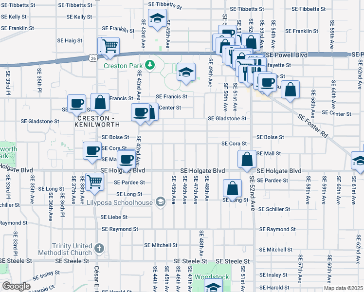 map of restaurants, bars, coffee shops, grocery stores, and more near 4307 Southeast 46th Avenue in Portland