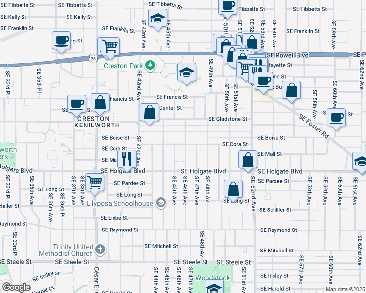 map of restaurants, bars, coffee shops, grocery stores, and more near 4307 Southeast 46th Avenue in Portland