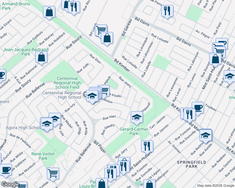map of restaurants, bars, coffee shops, grocery stores, and more near 1114 Rue Poulin in Longueuil
