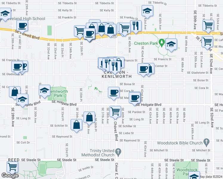 map of restaurants, bars, coffee shops, grocery stores, and more near 3817 Southeast Cora Street in Portland