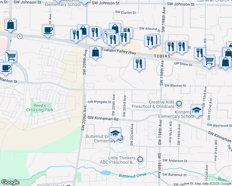 map of restaurants, bars, coffee shops, grocery stores, and more near 3838 Southwest 205th Avenue in Beaverton