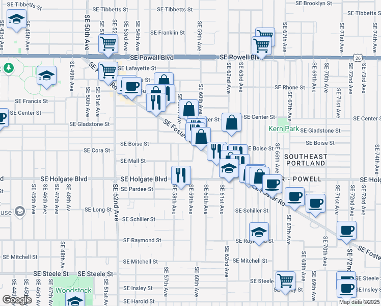 map of restaurants, bars, coffee shops, grocery stores, and more near 4223 Southeast 59th Avenue in Portland