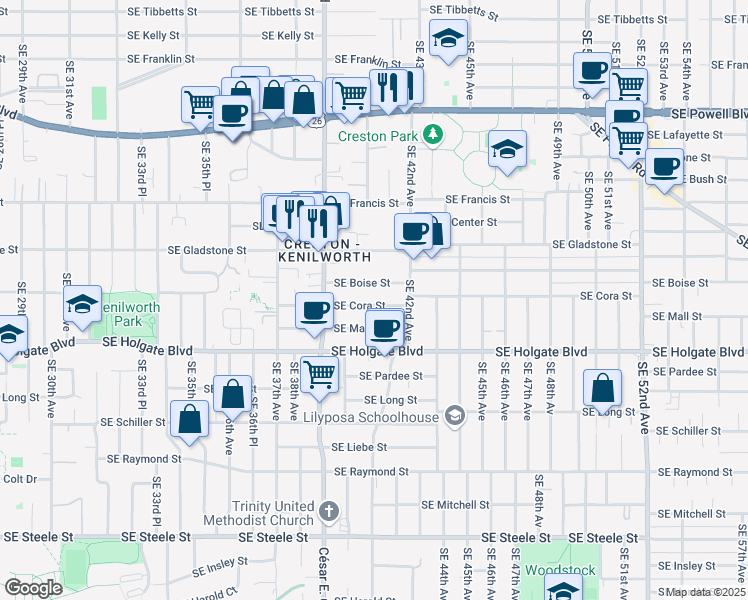 map of restaurants, bars, coffee shops, grocery stores, and more near 4023 Southeast Cora Street in Portland