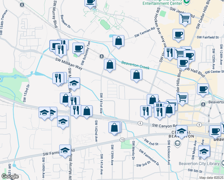 map of restaurants, bars, coffee shops, grocery stores, and more near 505 East Street in Beaverton