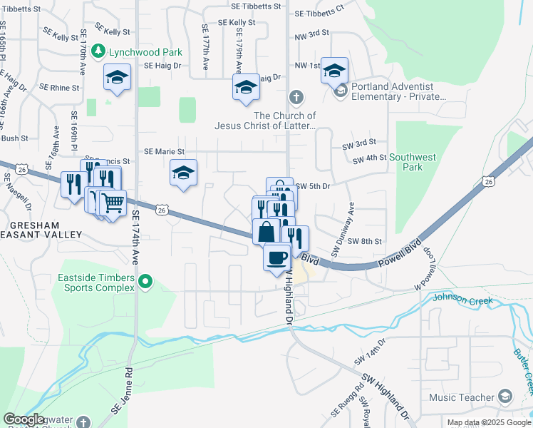 map of restaurants, bars, coffee shops, grocery stores, and more near 4125 Southeast 182nd Avenue in Gresham