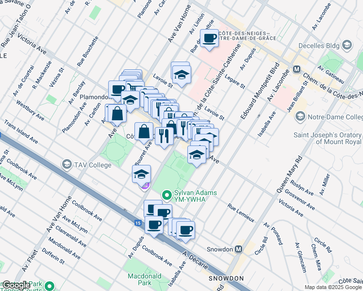 map of restaurants, bars, coffee shops, grocery stores, and more near Rue Sainte-Catherine in Westmount