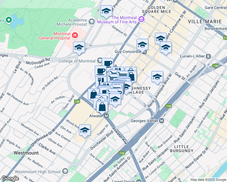 map of restaurants, bars, coffee shops, grocery stores, and more near 2100 Boulevard De Maisonneuve Ouest in Montreal