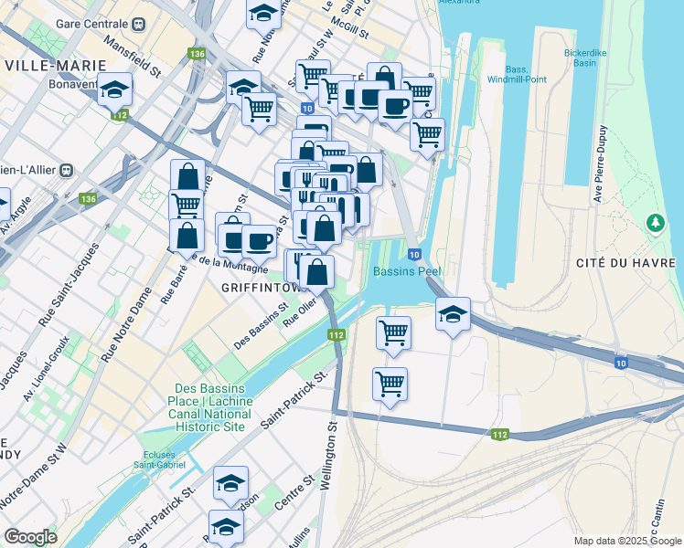 map of restaurants, bars, coffee shops, grocery stores, and more near 115 Rue Murray in Montréal