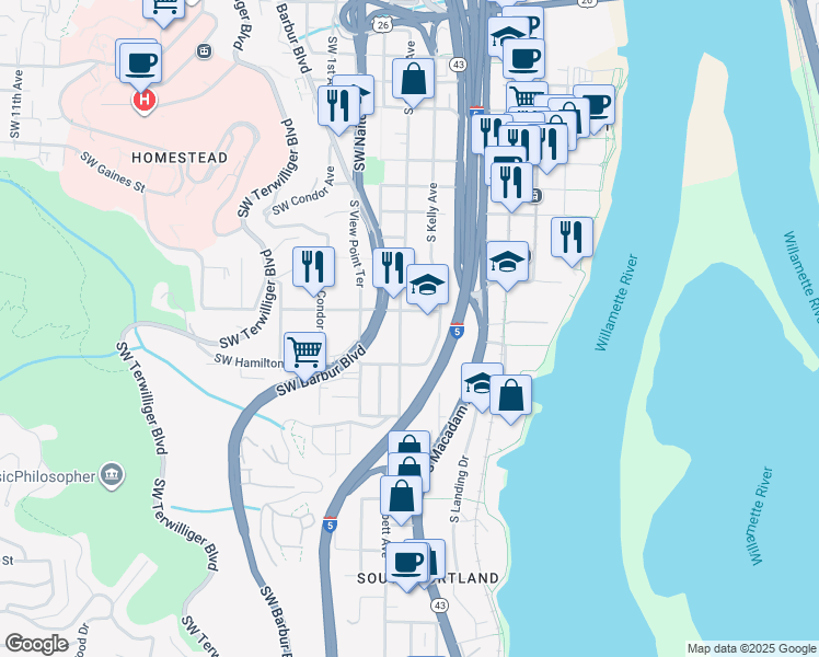 map of restaurants, bars, coffee shops, grocery stores, and more near 4320 South Corbett Avenue in Portland