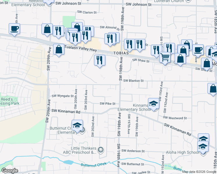 map of restaurants, bars, coffee shops, grocery stores, and more near 20020 Southwest Blanton Street in Aloha