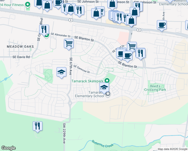 map of restaurants, bars, coffee shops, grocery stores, and more near 7090 Southeast Genrosa Street in Hillsboro