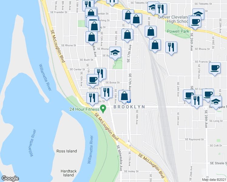 map of restaurants, bars, coffee shops, grocery stores, and more near 4305 Southeast 15th Avenue in Portland