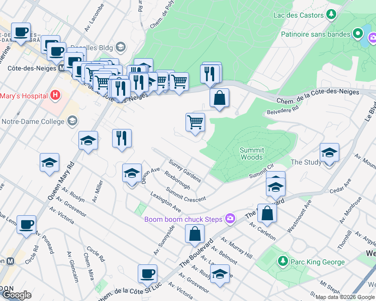 map of restaurants, bars, coffee shops, grocery stores, and more near in Westmount