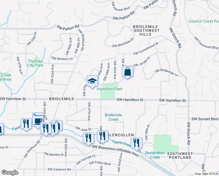 map of restaurants, bars, coffee shops, grocery stores, and more near 4300 Southwest 47th Drive in Portland