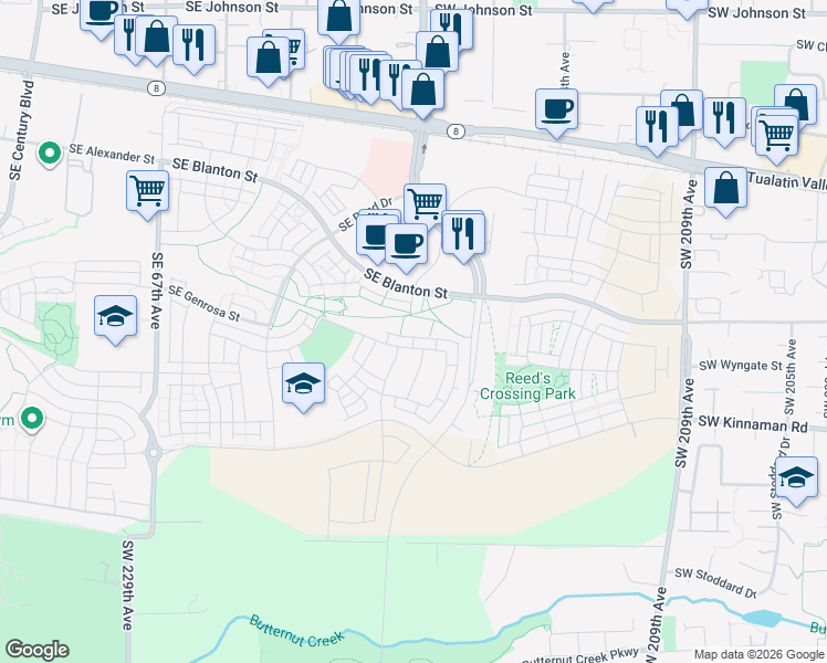 map of restaurants, bars, coffee shops, grocery stores, and more near 7647 Southeast Roaring Lane in Hillsboro
