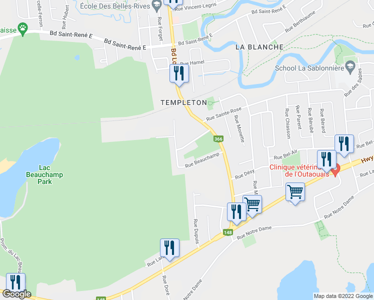 map of restaurants, bars, coffee shops, grocery stores, and more near 23 Rue du Curé Labelle in Gatineau