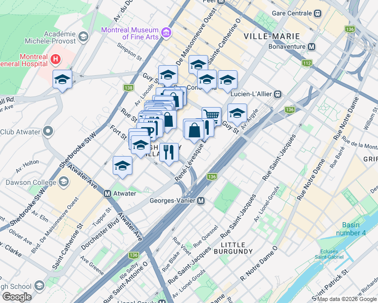 map of restaurants, bars, coffee shops, grocery stores, and more near 1849 Boulevard René-Lévesque Ouest in Montréal