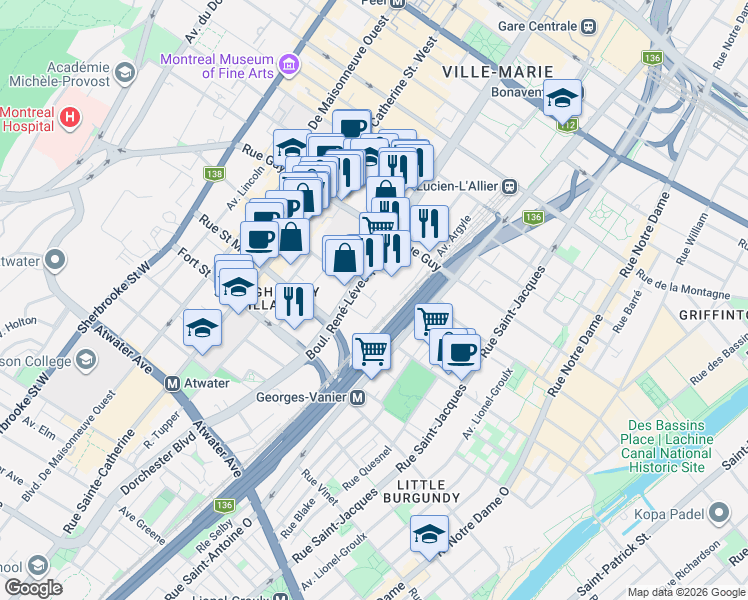 map of restaurants, bars, coffee shops, grocery stores, and more near 1077 Rue Saint Mathieu in Montréal