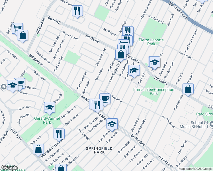 map of restaurants, bars, coffee shops, grocery stores, and more near 3830 Montée Saint-Hubert in Longueuil