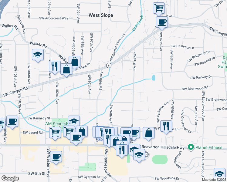 map of restaurants, bars, coffee shops, grocery stores, and more near 3890 Southwest 94th Avenue in Portland