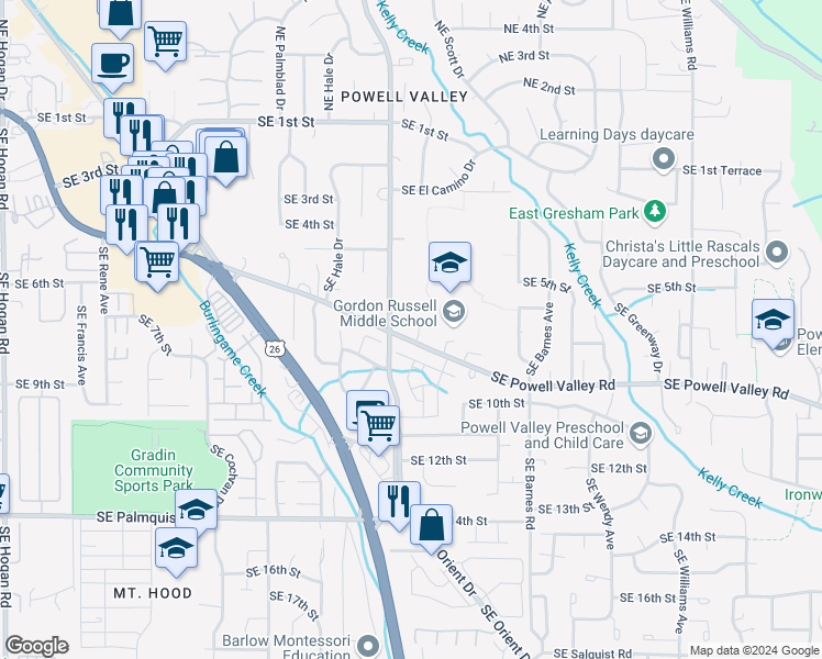 map of restaurants, bars, coffee shops, grocery stores, and more near 3359 Southeast Powell Valley Road in Gresham