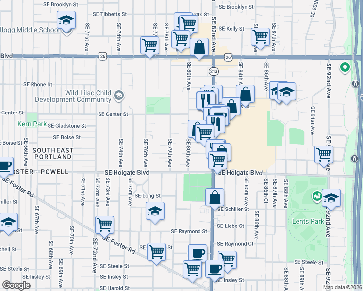 map of restaurants, bars, coffee shops, grocery stores, and more near 4223 Southeast 80th Avenue in Portland