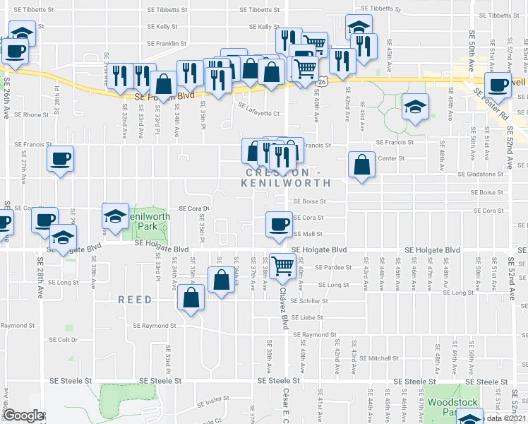map of restaurants, bars, coffee shops, grocery stores, and more near 3817 Southeast Cora Street in Portland