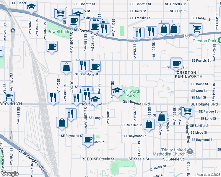 map of restaurants, bars, coffee shops, grocery stores, and more near 4305 Southeast 31st Avenue in Portland