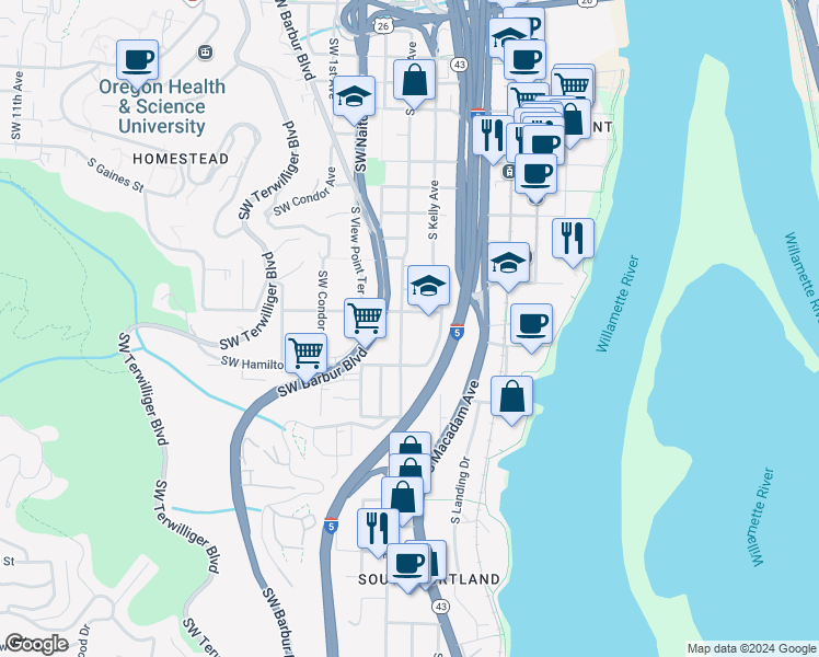 map of restaurants, bars, coffee shops, grocery stores, and more near 110 Southwest Bancroft Street in Portland