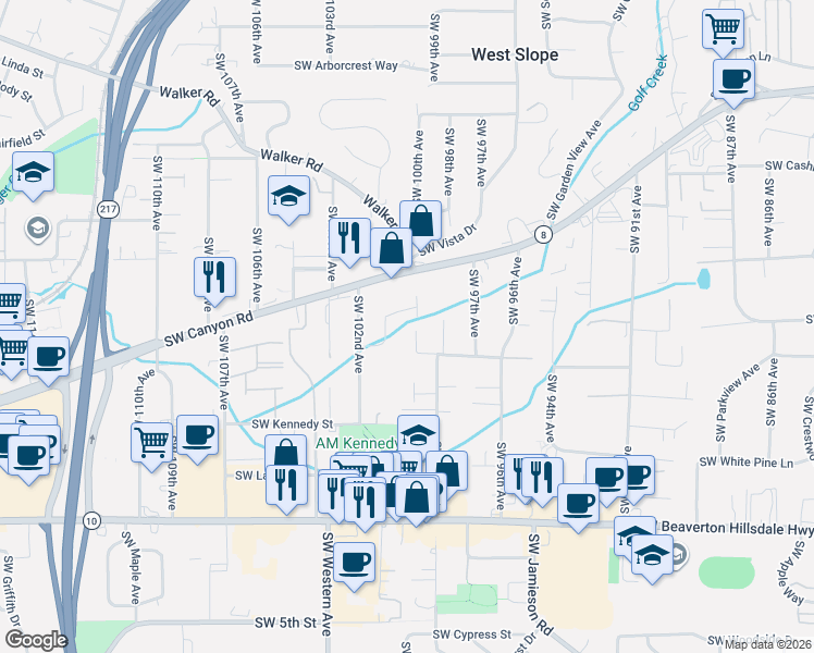 map of restaurants, bars, coffee shops, grocery stores, and more near 9990 Southwest McMillan Street in Beaverton