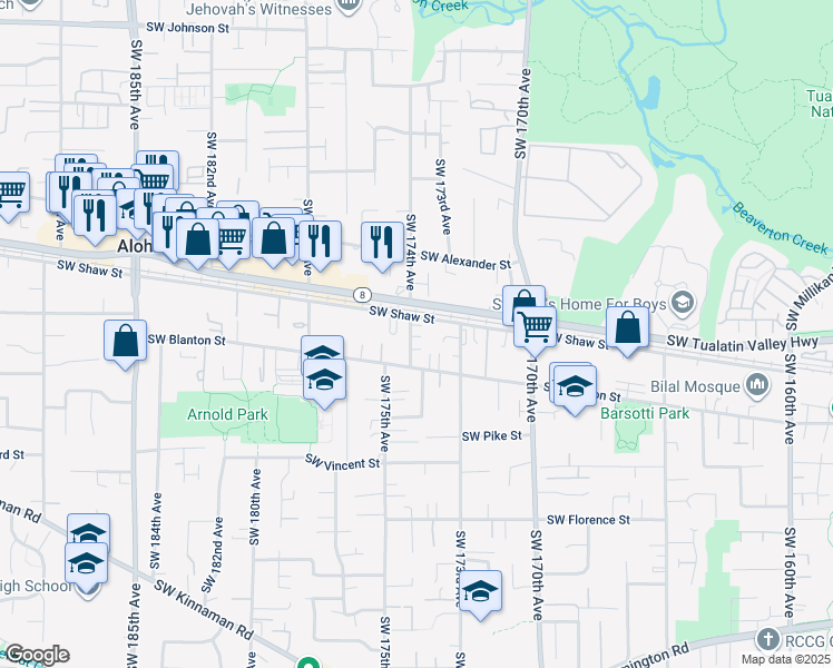 map of restaurants, bars, coffee shops, grocery stores, and more near 17361 Southwest Carson Court in Beaverton